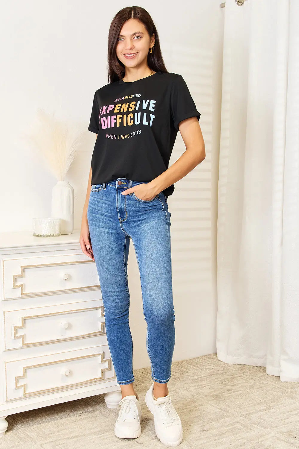 Simply Love Expensive Difficult Graphic Cuffed Short Sleeve Shirt  Style Ratio