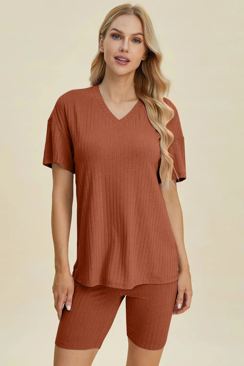 Basic Bae Full Size Ribbed V-Neck Short Sleeve Top and Shorts Loungewear  Style Ratio