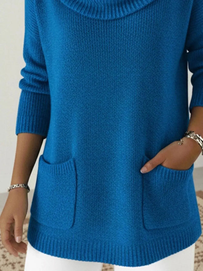 Full Size Cowl Neck Long Sleeve Sweater with Pockets  Style Ratio