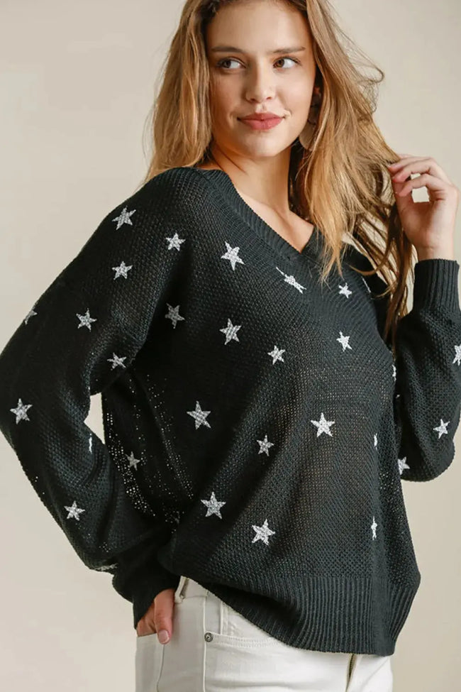 Umgee Star V-Neck Long Sleeve Sweater  Style Ratio