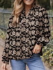 Floral Print Split Neck Pleated Long Sleeve Blouse  Style Ratio