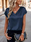 Satin V-Neck Short Sleeve Blouse  Style Ratio