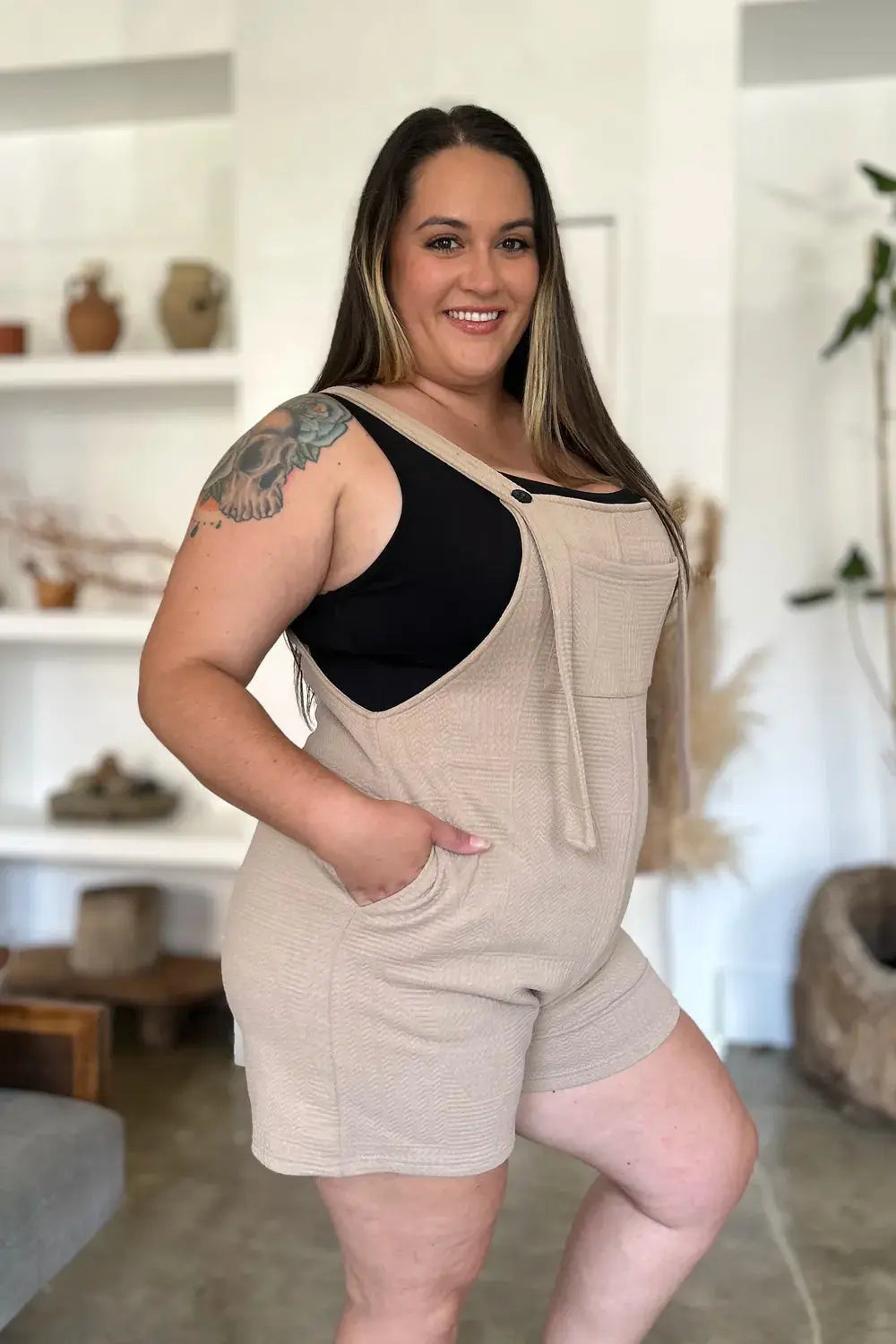 Double Take Full Size Texture Sleeveless Romper  Style Ratio