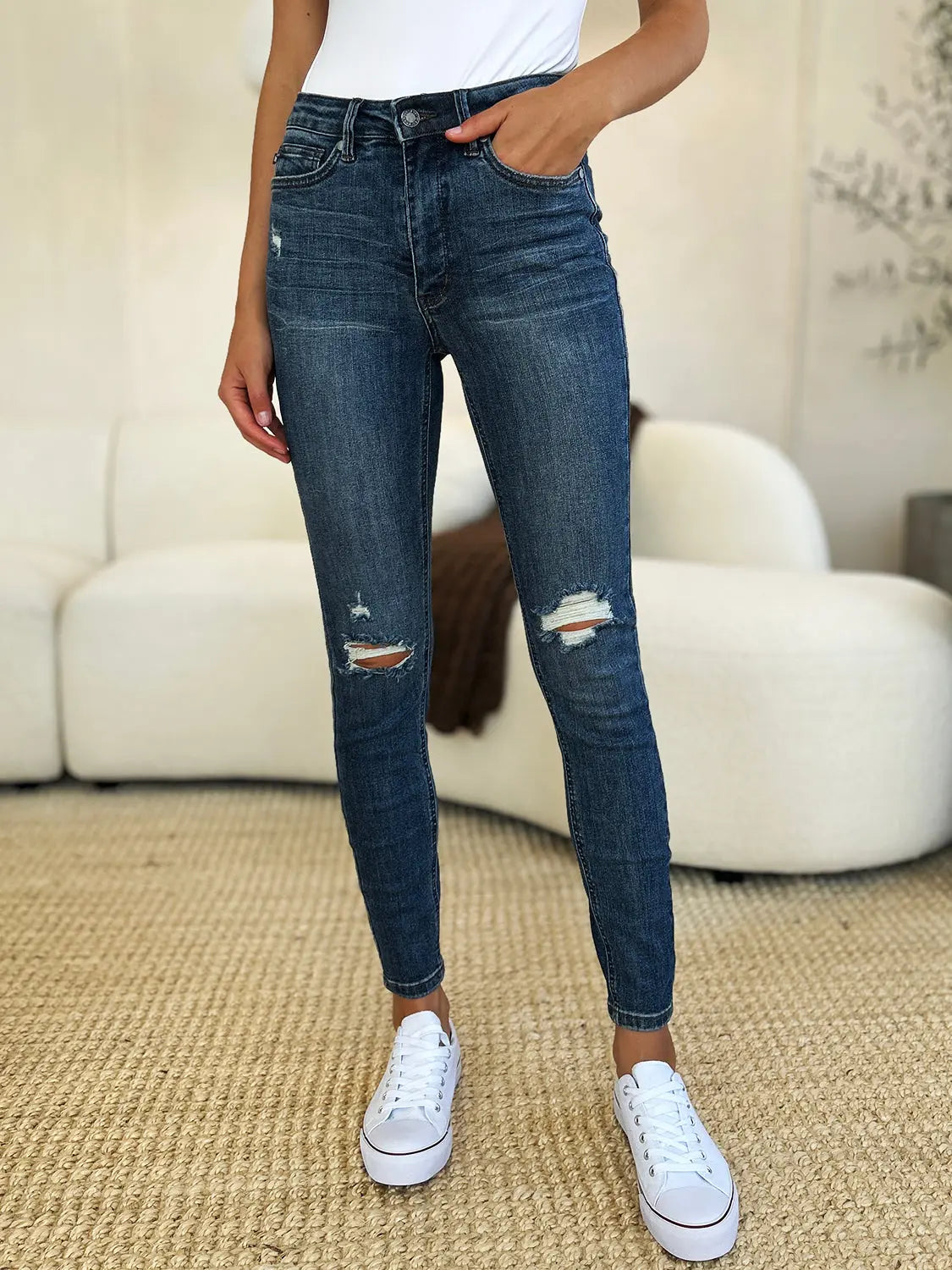 Judy Blue Mid Waist Distressed Slim Jeans  Style Ratio