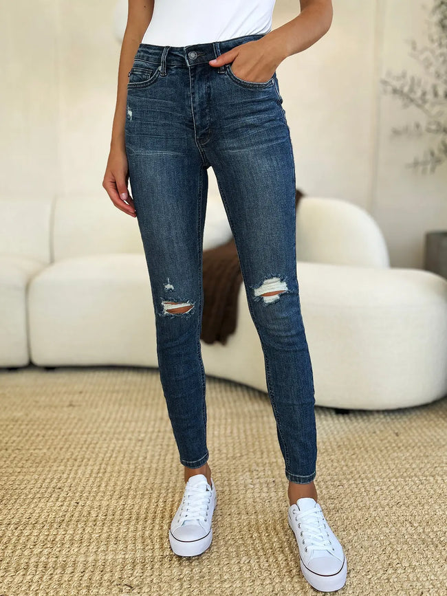 Judy Blue Mid Waist Distressed Slim Jeans  Style Ratio