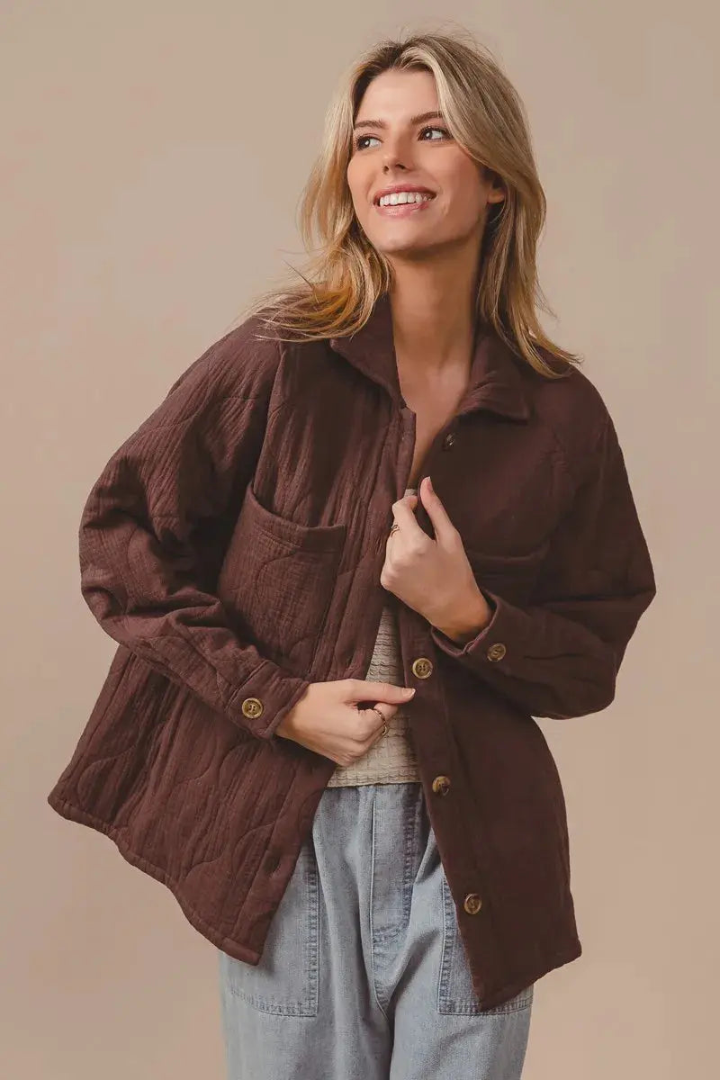 BiBi Quilted Wrinkle Gauze Long Sleeve Shacket  Style Ratio