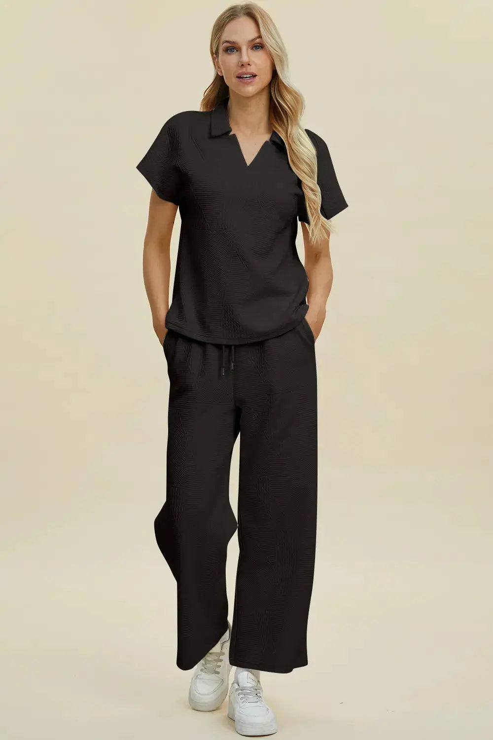 Double Take Collared Neck Short Sleeve Top and Pants Set  Style Ratio