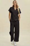 Double Take Collared Neck Short Sleeve Top and Pants Set  Style Ratio