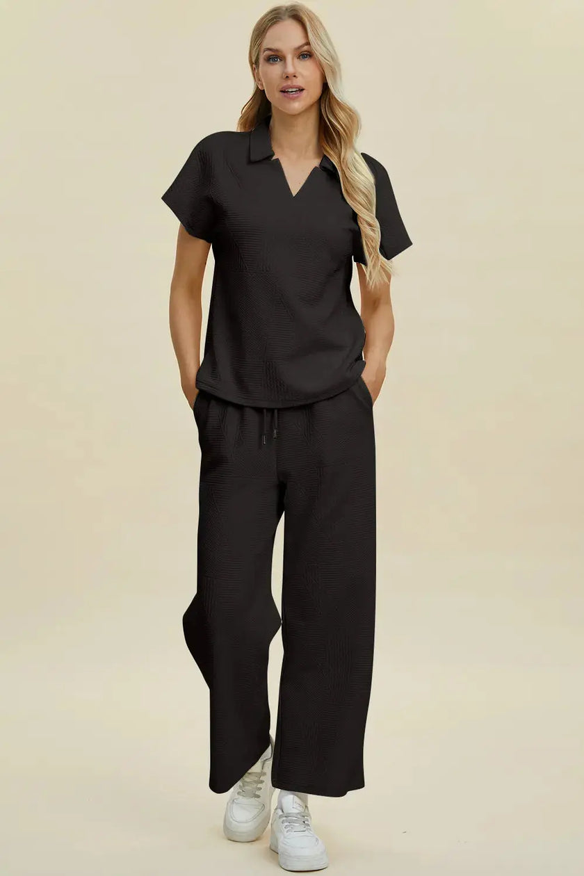 Double Take Collared Neck Short Sleeve Top and Pants Set  Style Ratio