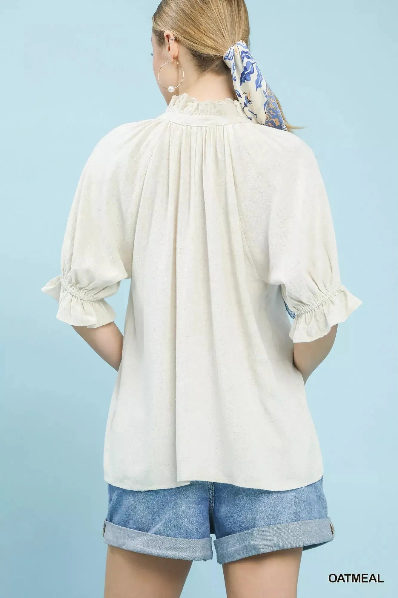 Umgee Linen Scalloped Ruffle Neck Blouse  Style Ratio
