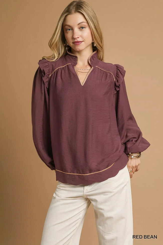 Umgee Ruffle Shoulder Long Sleeve Blouse  Style Ratio
