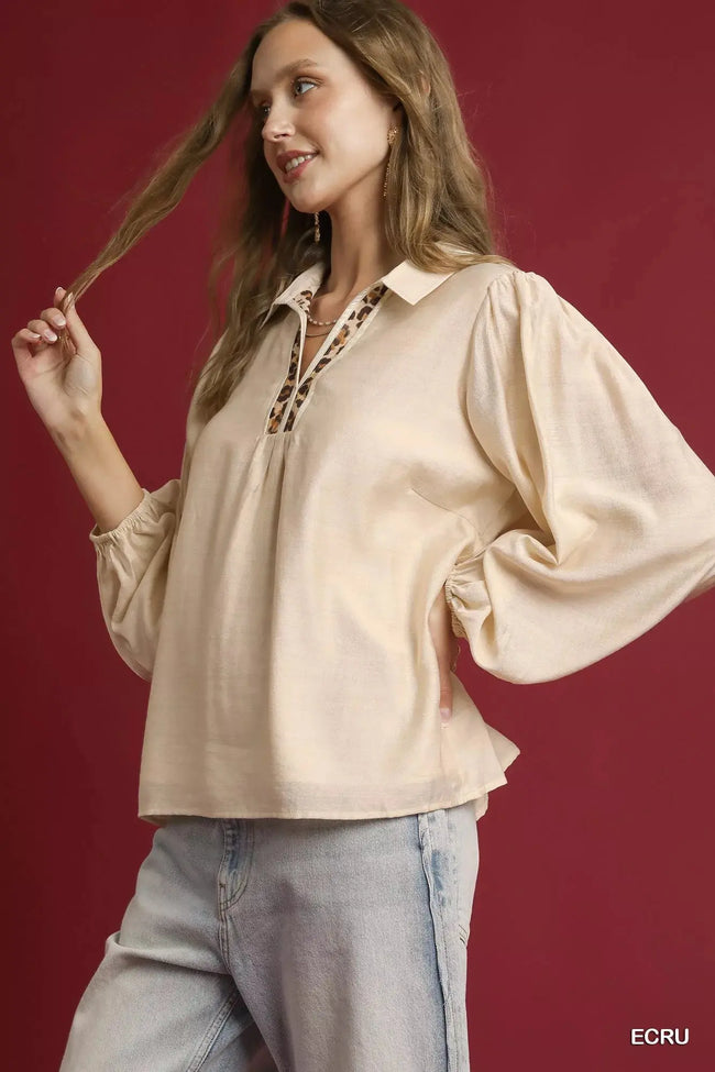 Umgee Long Sleeve Blouse with Leopard Print Trim  Style Ratio