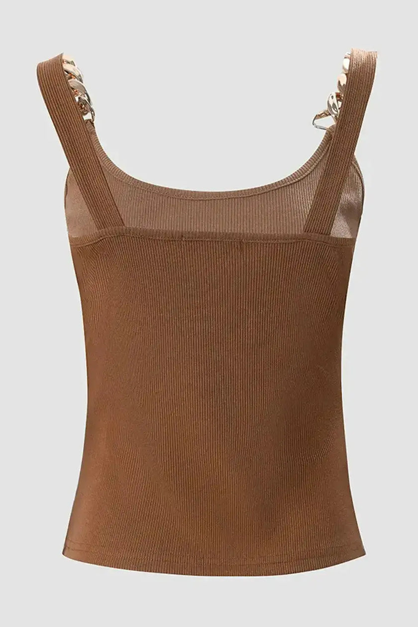 Brown Gold Chain Straps Rib Knit Tank Top  Style Ratio