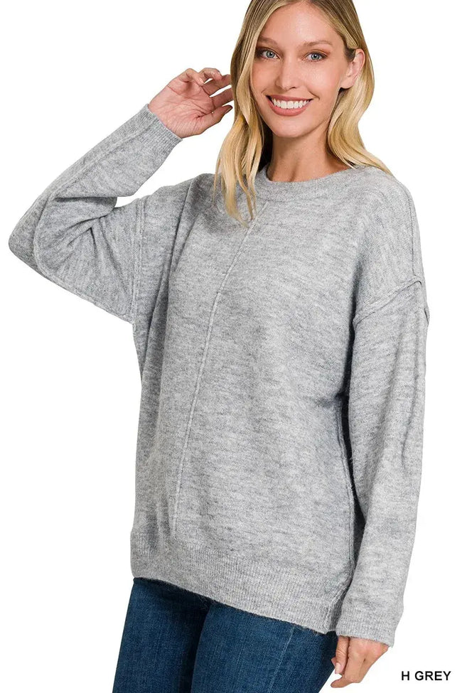 Zenana Melange Front Seam Round-Neck Sweater  Style Ratio