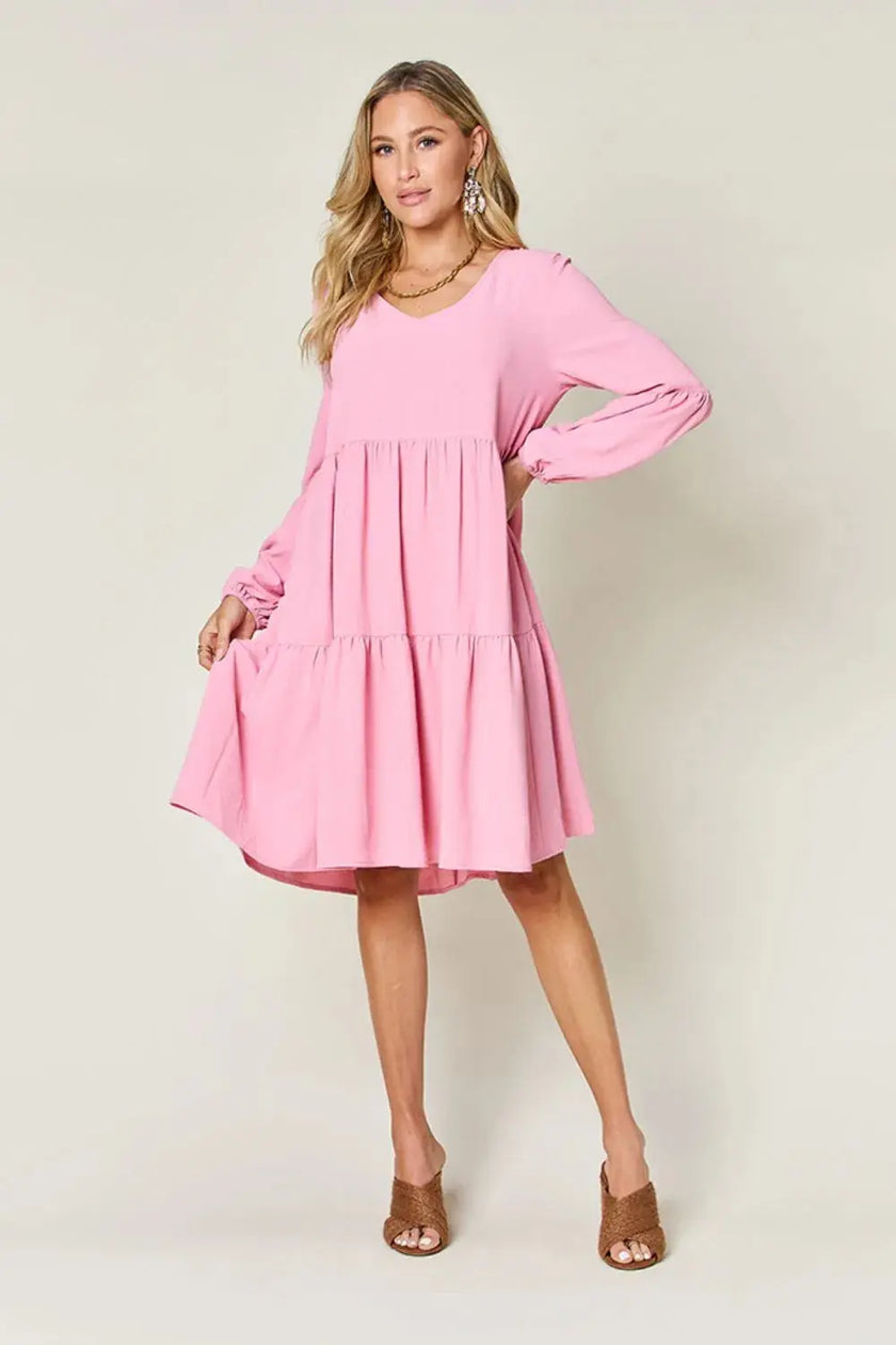 Double Take Full Size V-Neck Balloon Sleeve Tiered Dress with Pockets  Style Ratio