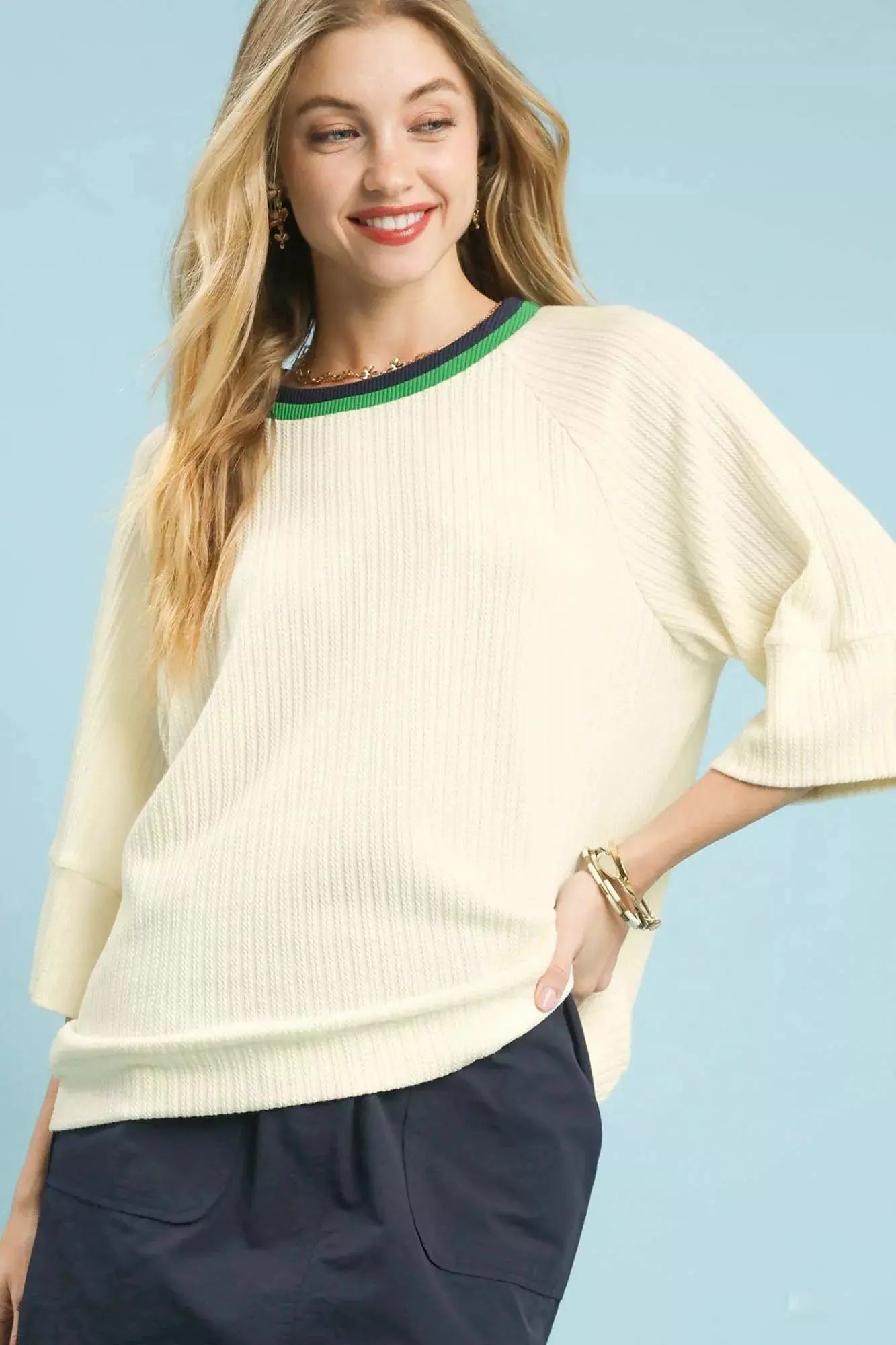 Umgee Ribbed Knit Top with Contrast Trim  Style Ratio