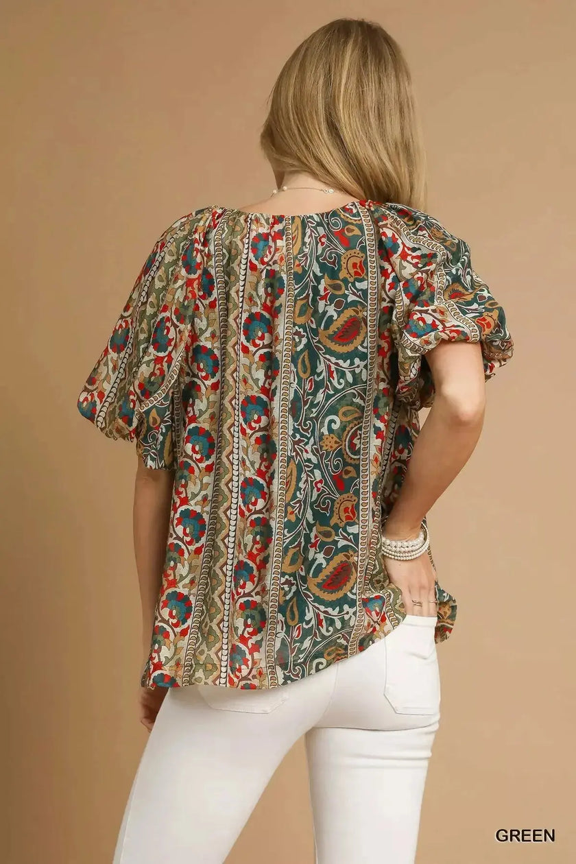Umgee Boho Floral Stripe Puff Sleeve Blouse  Style Ratio