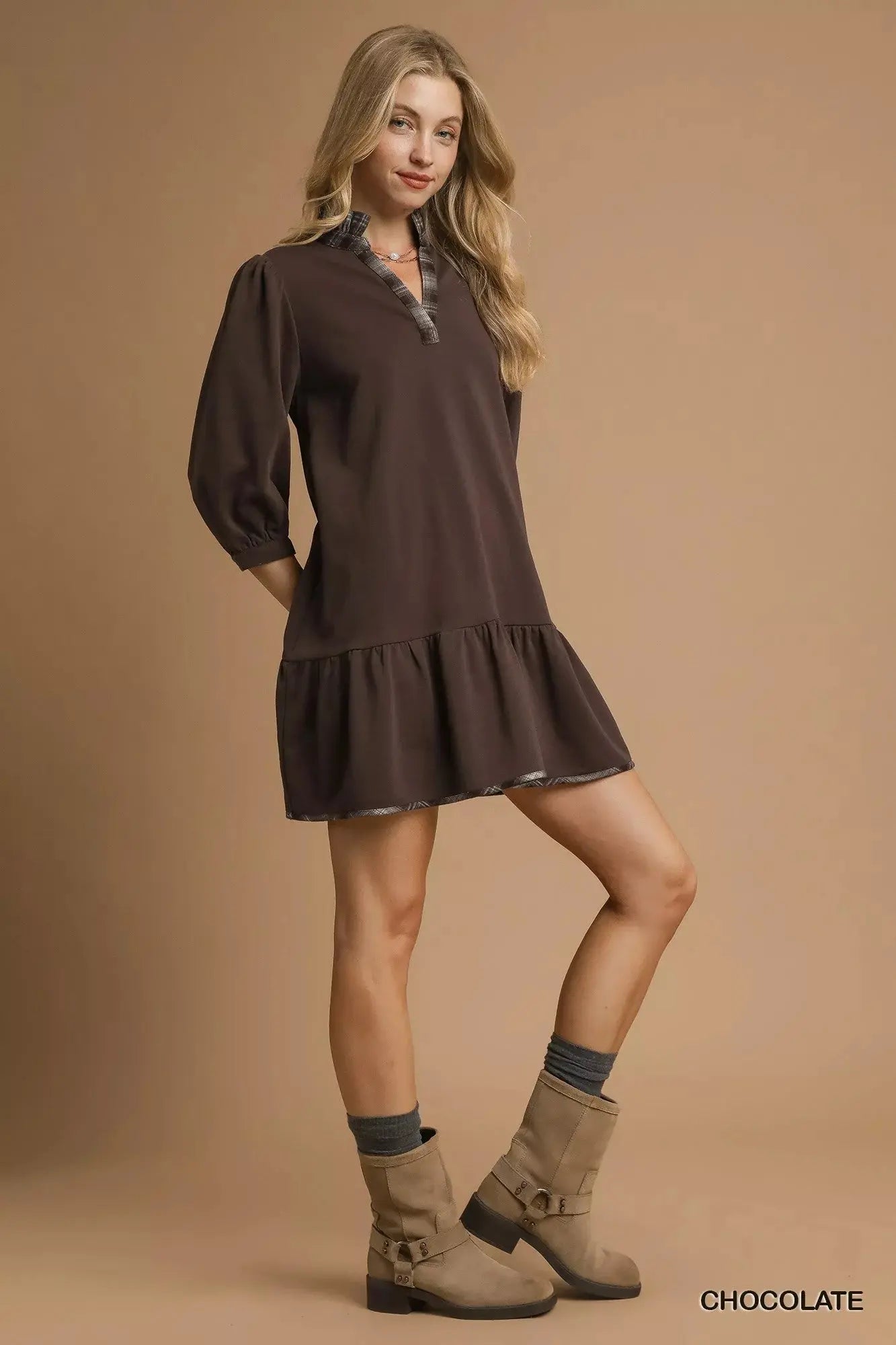 Umgee French Terry Ruffle Hem Dress with Plaid Trim  Style Ratio