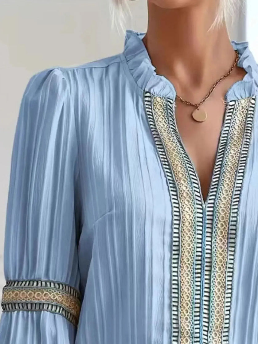 Notched Textured Balloon Sleeve Blouse  Style Ratio