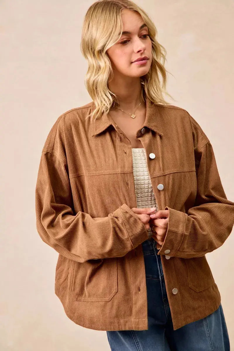 BiBi Corduroy Relaxed Fit Long Sleeve Shacket  Style Ratio