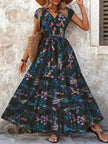 Printed V-Neck Cap Sleeve Maxi Dress  Style Ratio