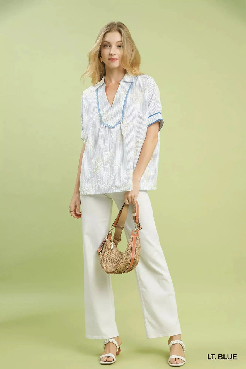 Umgee Striped Embroidered Blouse with Scallop Trim  Style Ratio