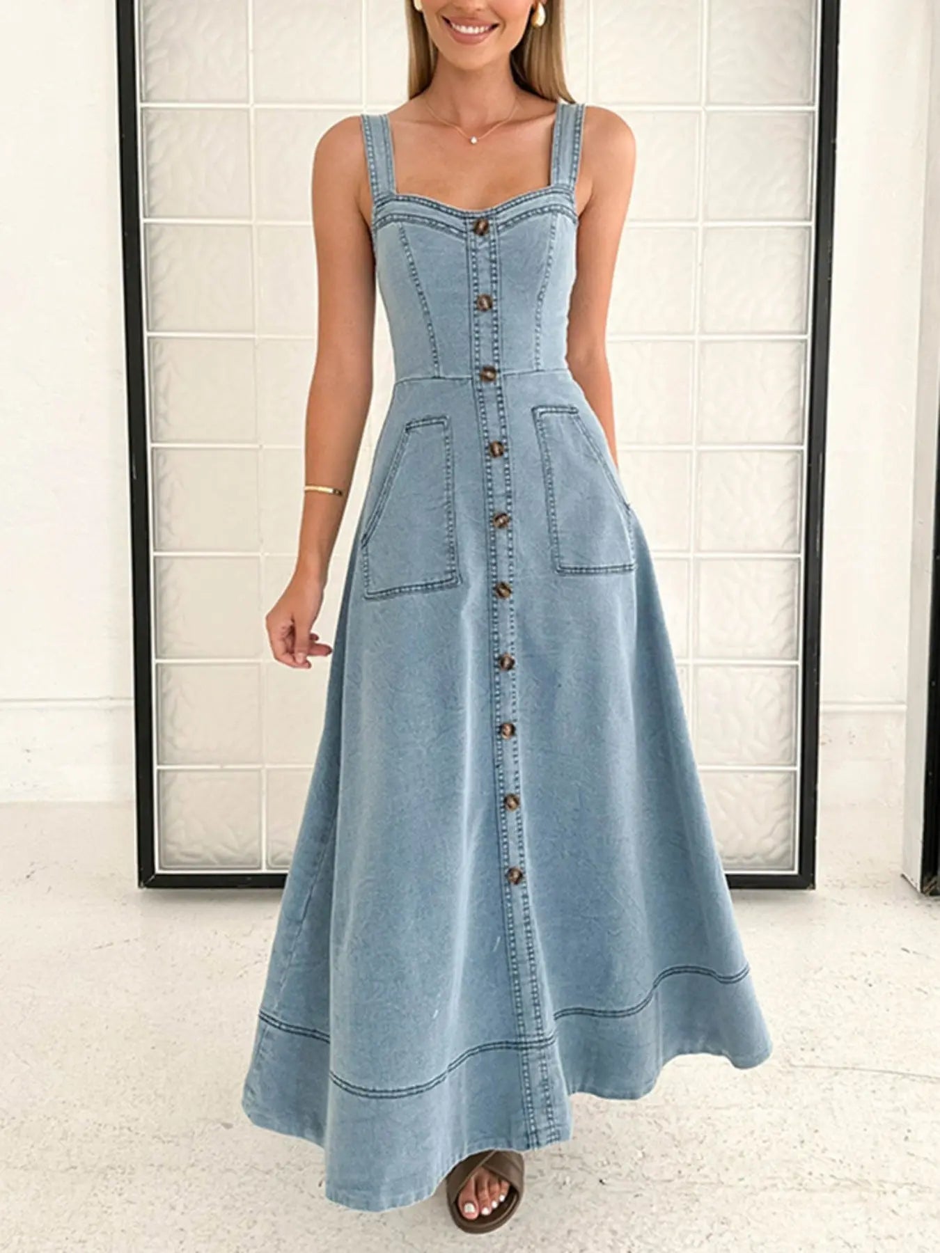 Decor Button Front A-Line Denim Dress  Style Ratio