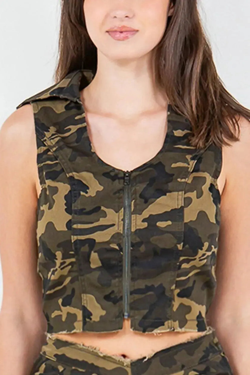 American Bazi Zip Up Camo Crop Denim Vest  Style Ratio