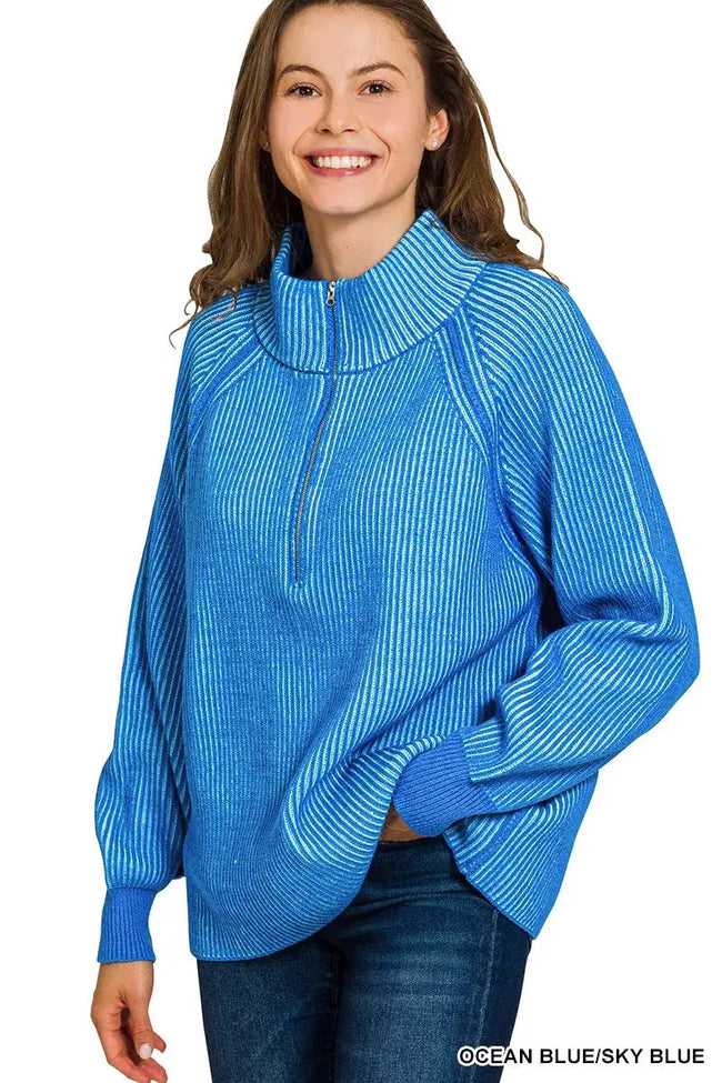Zenana Ribbed Two Tone Half Zip Sweatshirt  Style Ratio