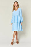 Double Take Full Size V-Neck Balloon Sleeve Tiered Dress with Pockets  Style Ratio