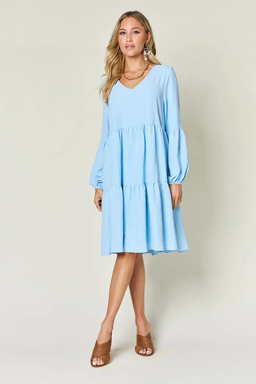 Double Take Full Size V-Neck Balloon Sleeve Tiered Dress with Pockets  Style Ratio