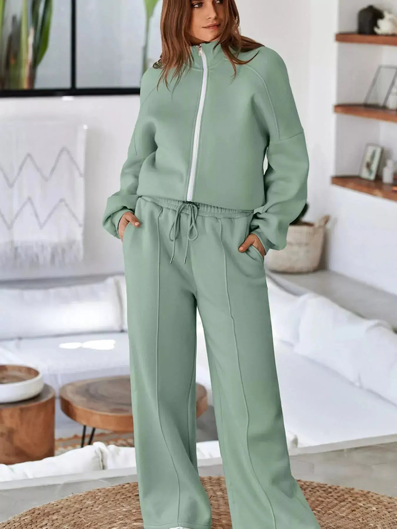 Drop Shoulder Zip Up Jacket and Drawstring Pants Active 2pcs Set  Style Ratio