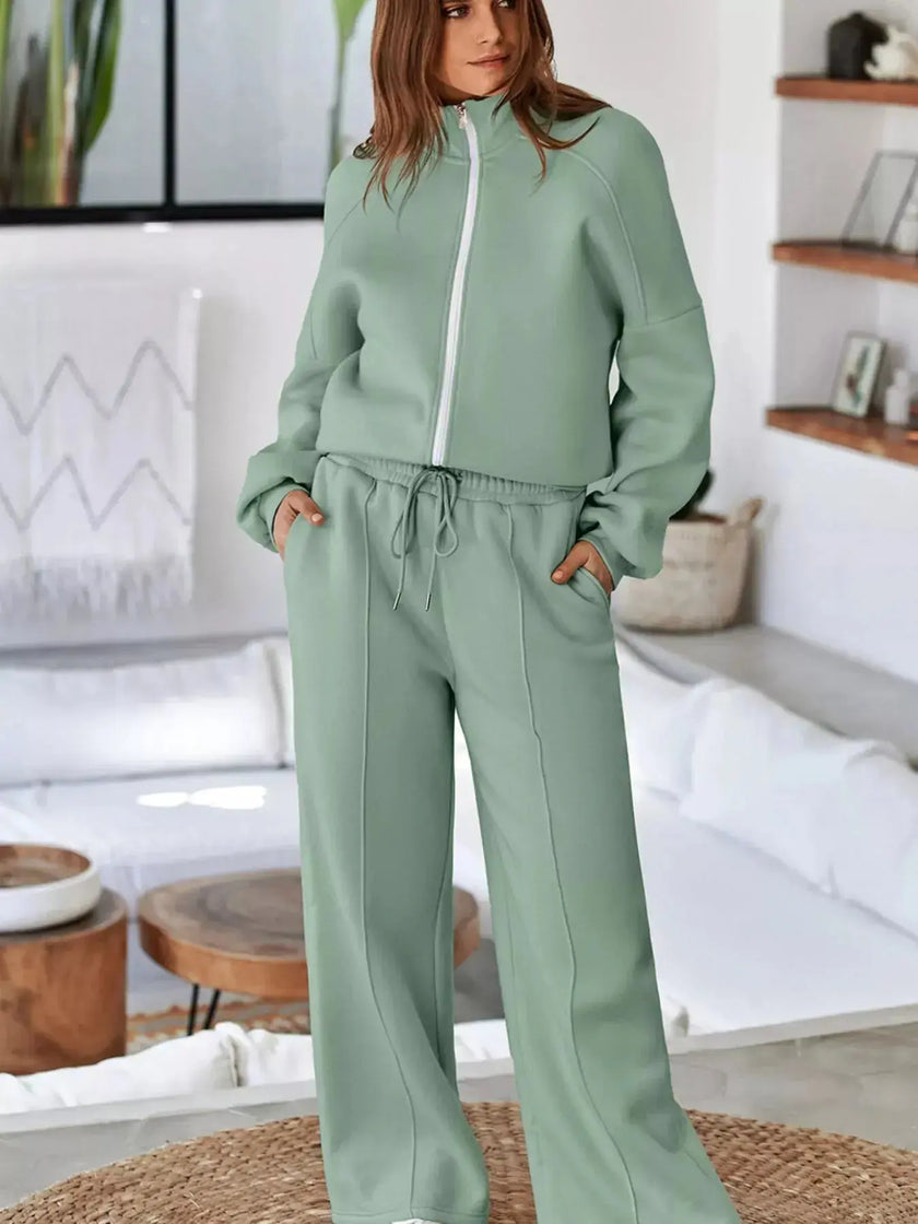 Drop Shoulder Zip Up Jacket and Drawstring Pants Active 2pcs Set  Style Ratio