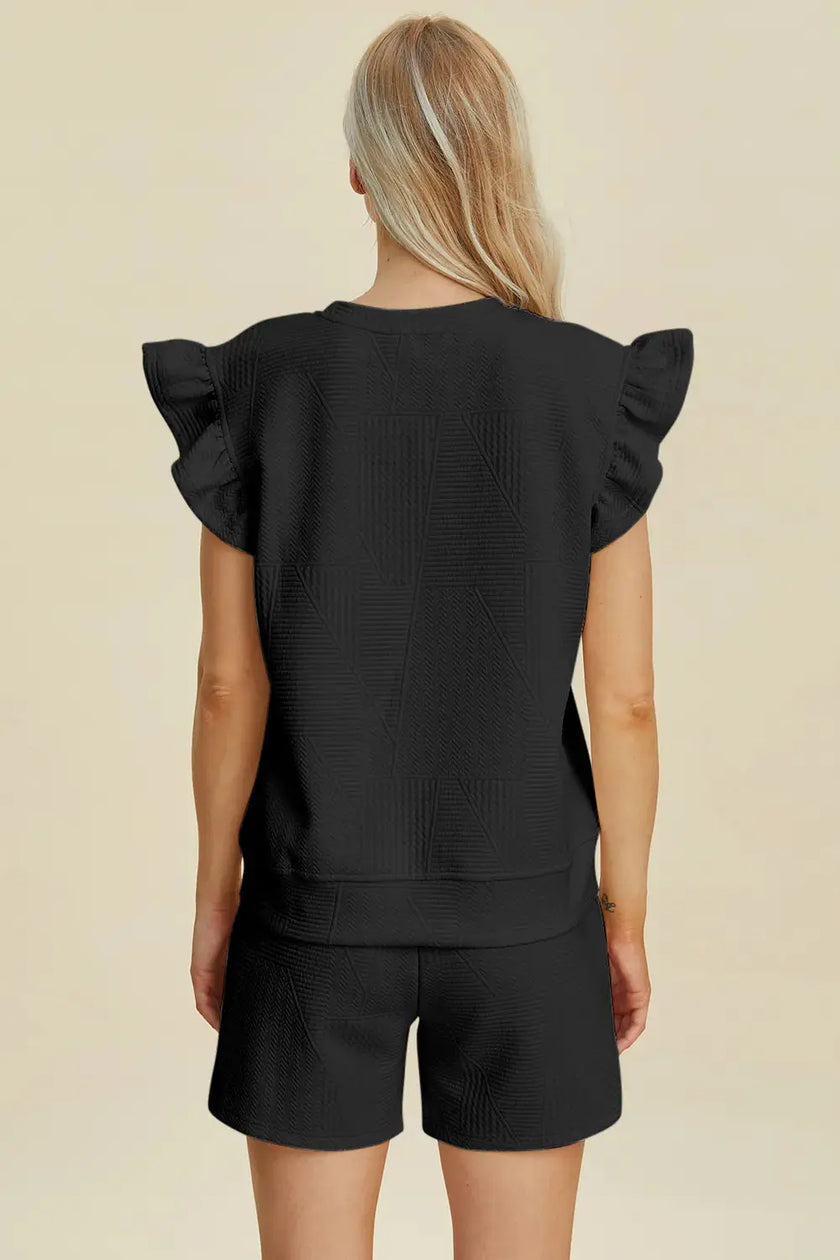 Double Take Full Size Texture Round Neck Ruffle Sleeve Top and Shorts Set  Style Ratio