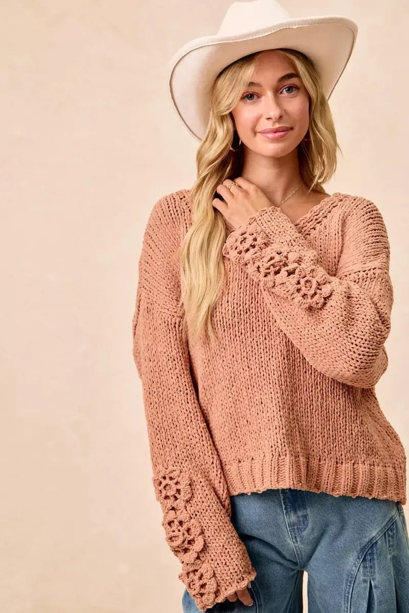 BiBi Chunky Knit Sweater with Flower Detail Sleeves  Style Ratio