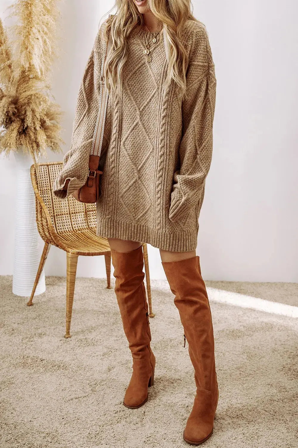 Cable-Knit Round Neck Sweater Dress  Style Ratio