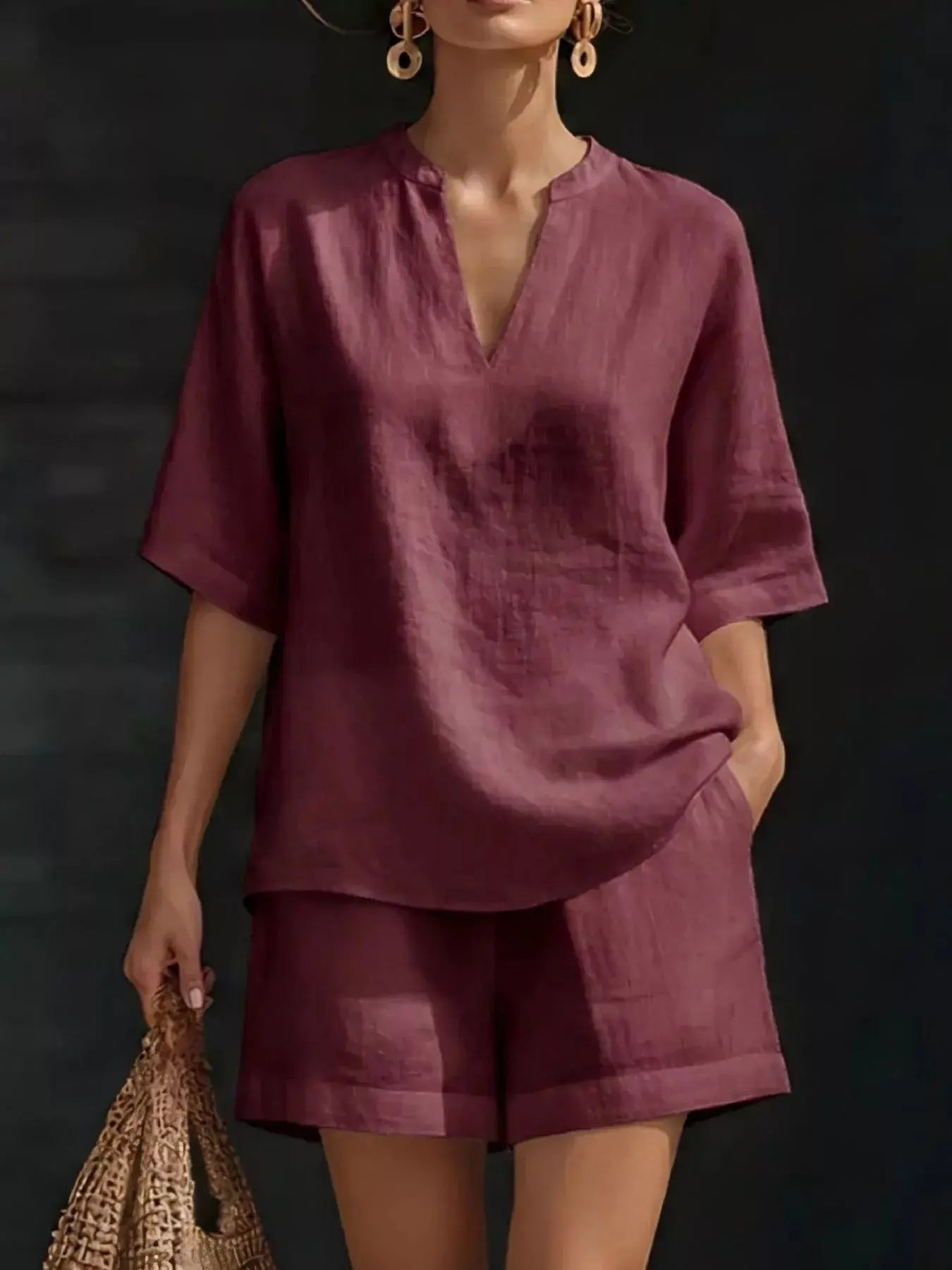 Full Size Notched Half Sleeve Top and Shorts Set  Style Ratio