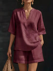 Full Size Notched Half Sleeve Top and Shorts Set  Style Ratio