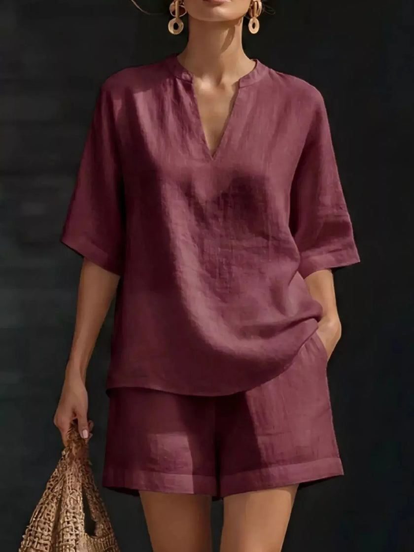 Full Size Notched Half Sleeve Top and Shorts Set  Style Ratio