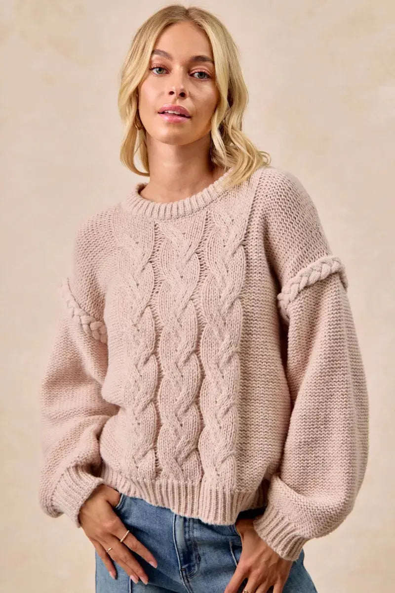 BiBi Cable Knit Sweater with Shoulder Braid Detail  Style Ratio