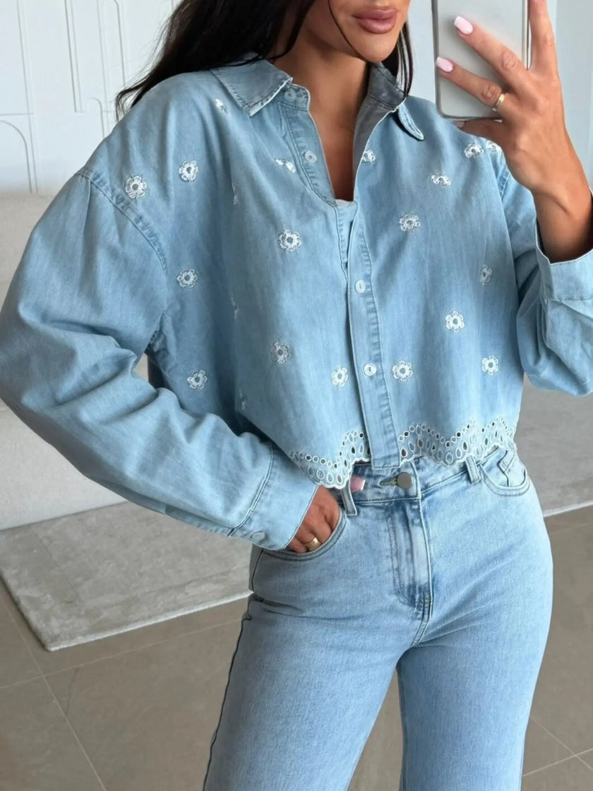 Embroidered Cropped Denim Shirt  Style Ratio
