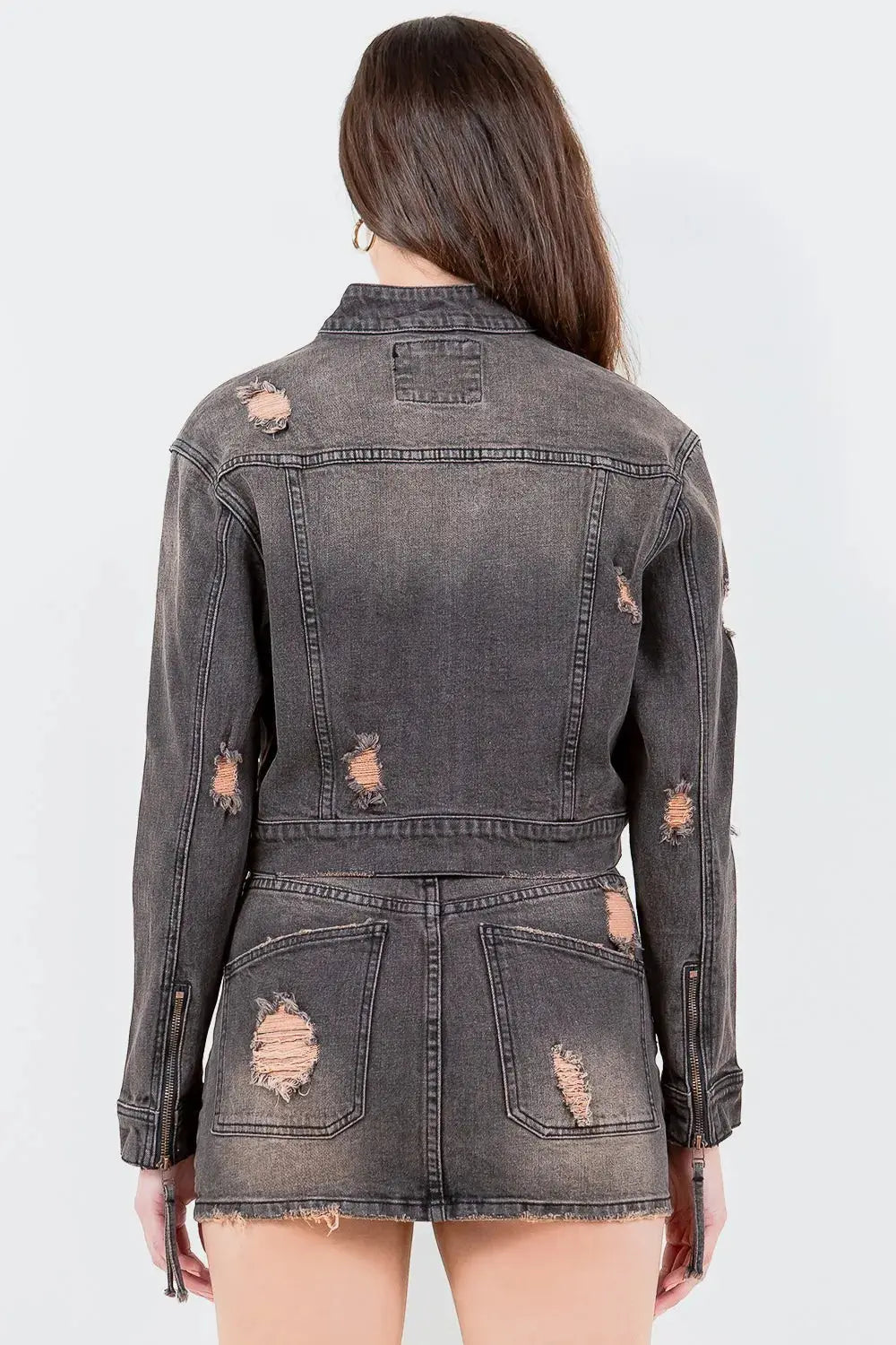 American Bazi Full Size Distressed Star Stud Trim Denim Rider Jacket  Style Ratio