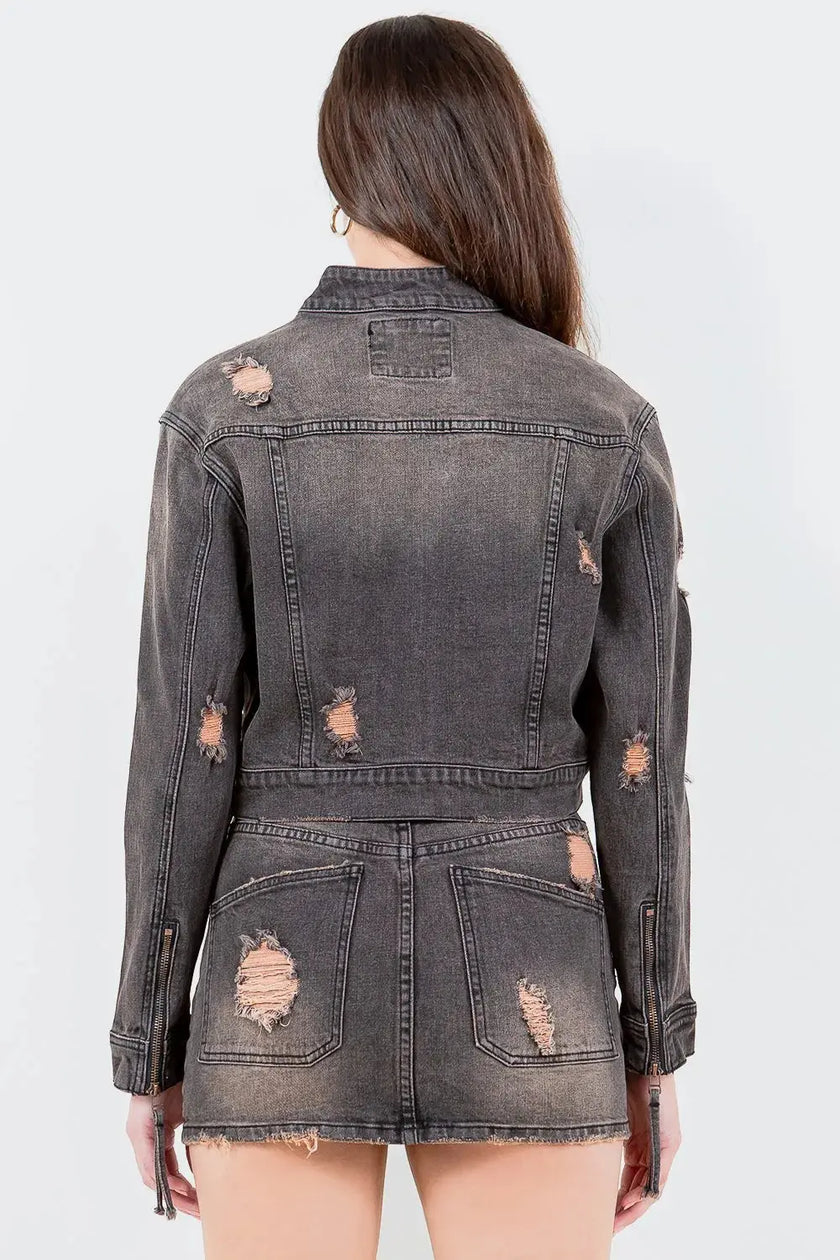 American Bazi Full Size Distressed Star Stud Trim Denim Rider Jacket  Style Ratio