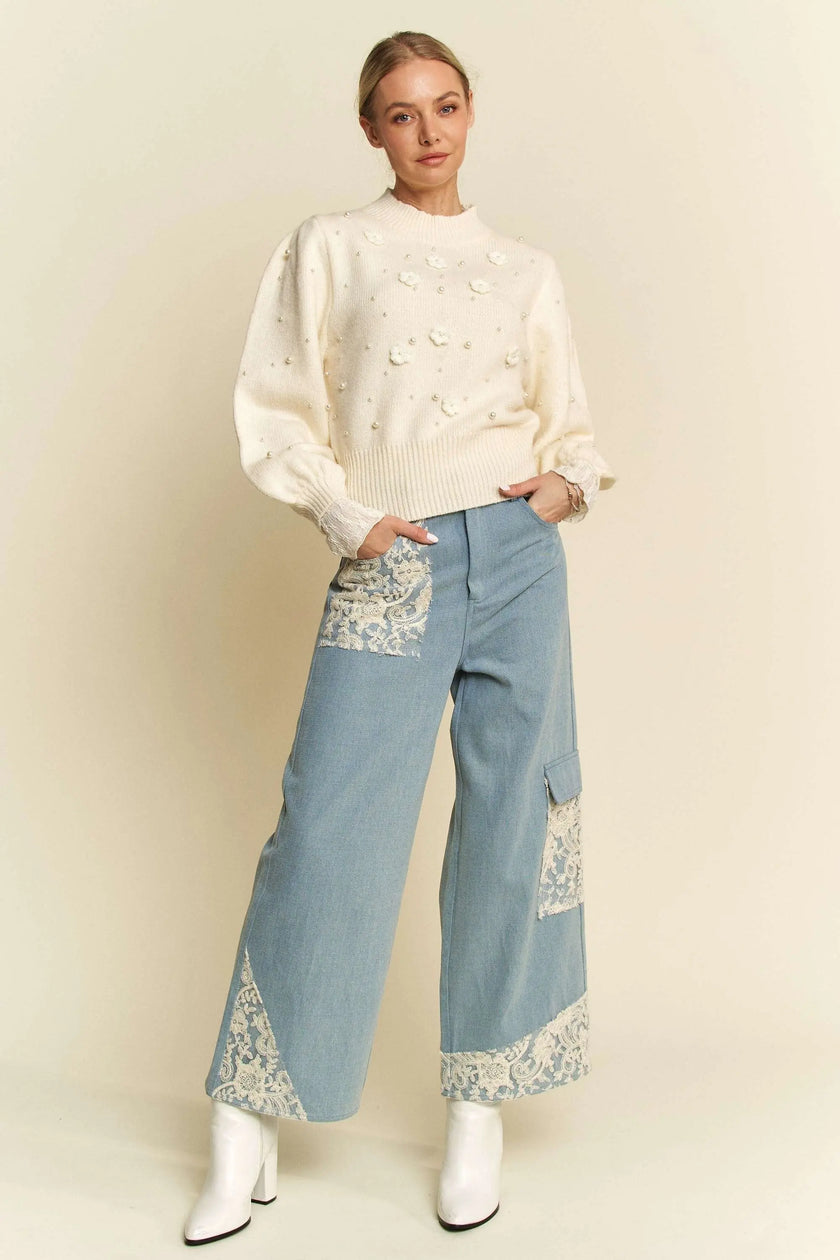 Davi & Dani Lace Applique Wide Leg Jeans  Style Ratio