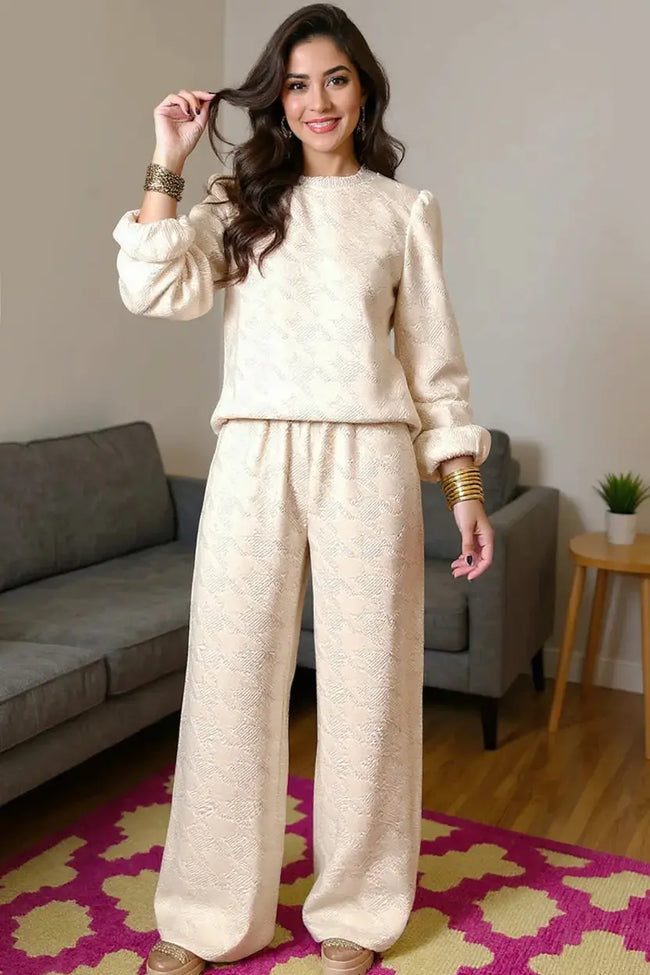 Double Take Texture Long Sleeve Top and Wide Leg Pants Set  Style Ratio