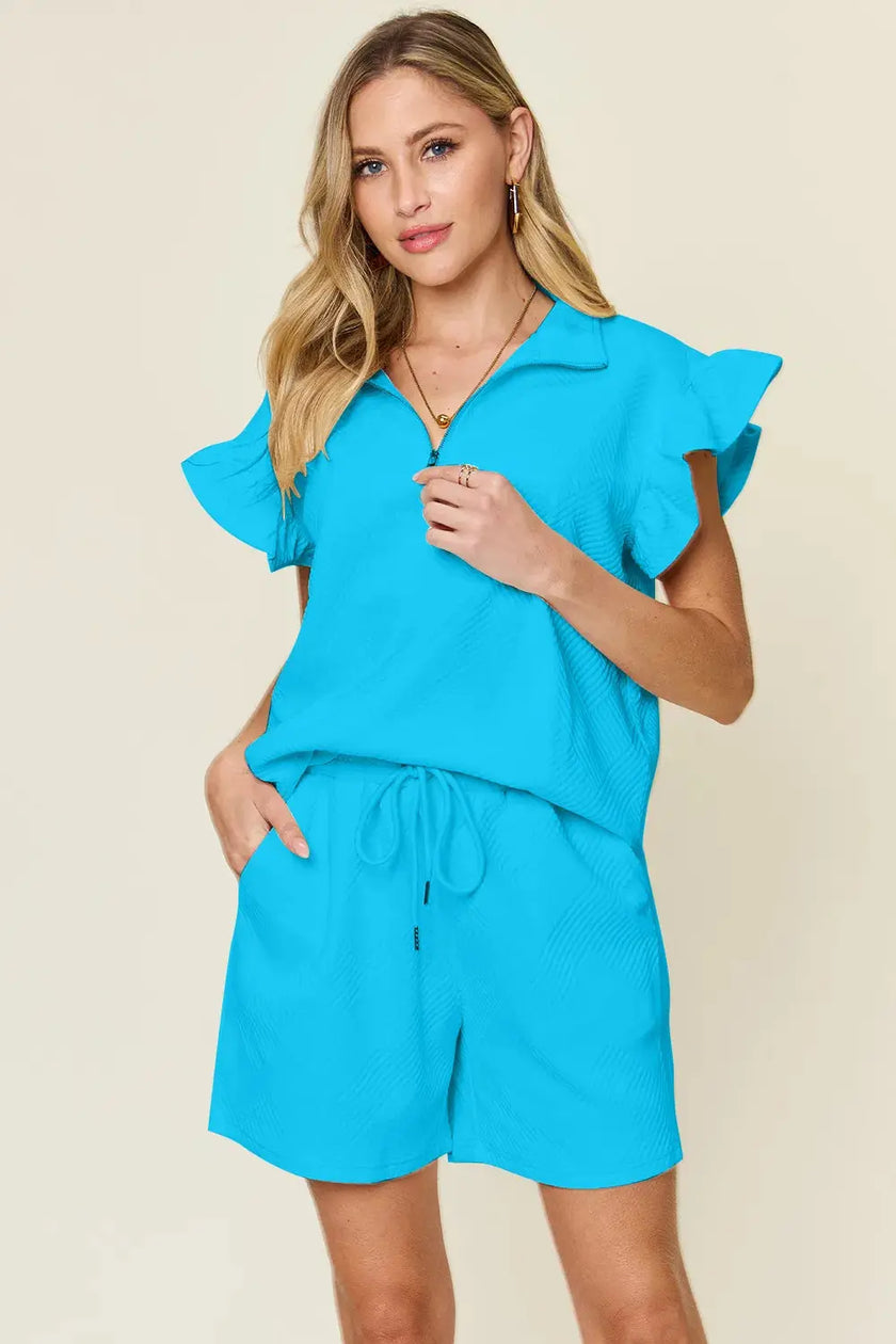 Double Take Texture Flounce Sleeve Top and Drawstring Shorts Set  Style Ratio