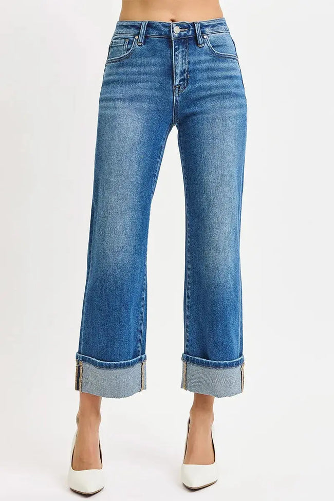 RISEN Full Size Mid Rise Crop Straight Cuffed Jeans  Style Ratio