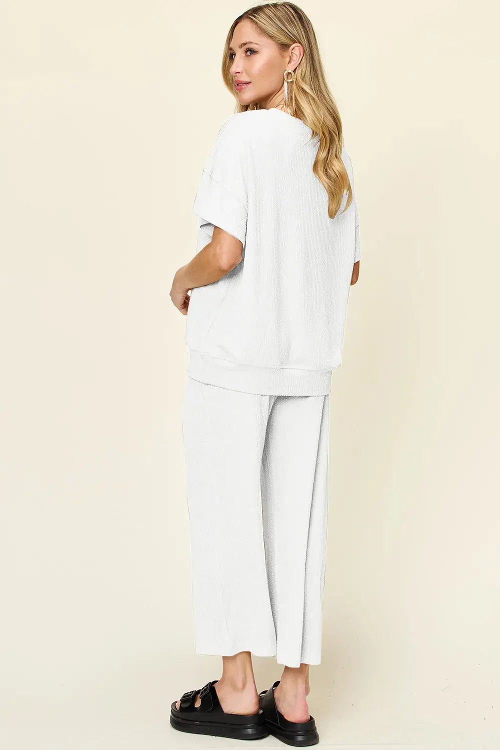 Double Take Texture Round Neck Short Sleeve Shirt and Wide Leg Pants  Style Ratio