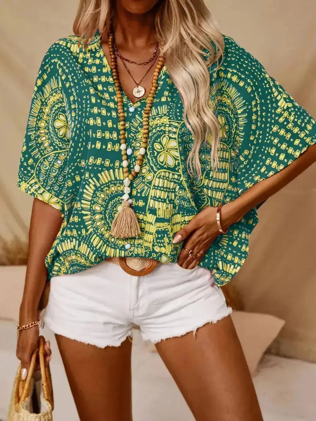 Printed V Neck Half Sleeve Blouse  Style Ratio