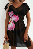 Floral Print V Neck Semi Sheer Beach Cover Up  Style Ratio